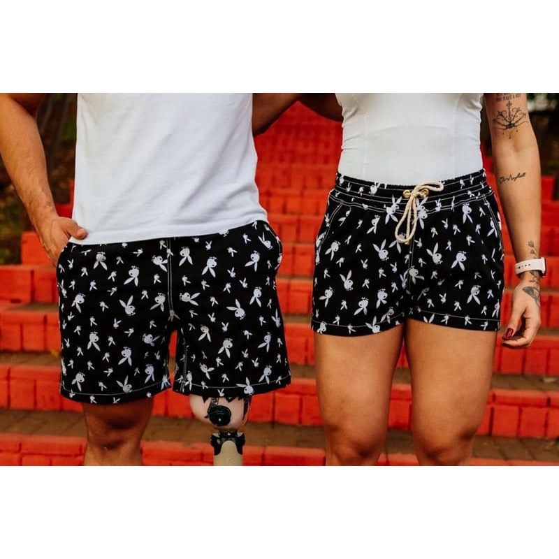 Kit Casal Short Moda Praia Playboy com m scara 2 Bermudas