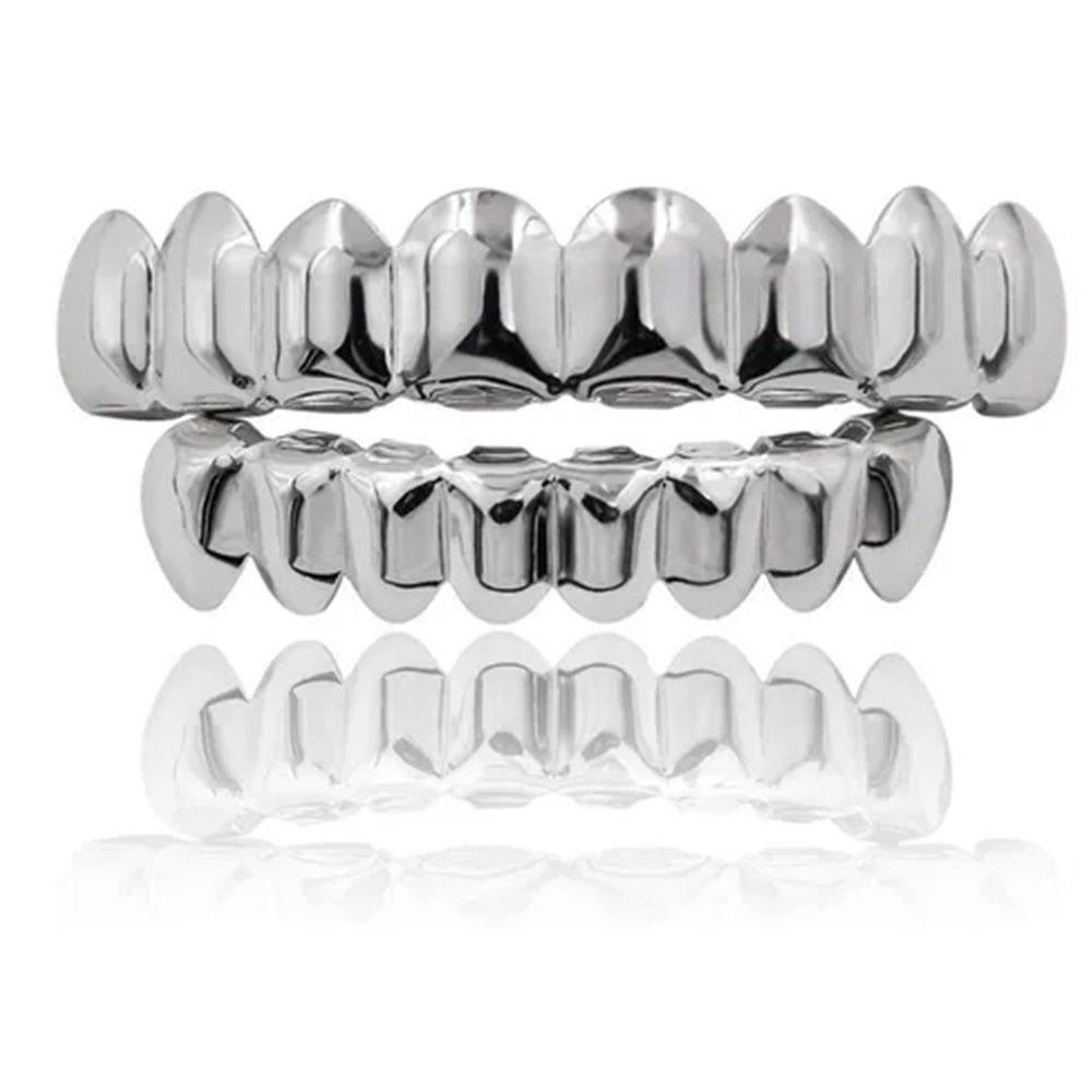 Grillz 8 Dentes Banhado A Prata Hiphop Superior + Inferior
