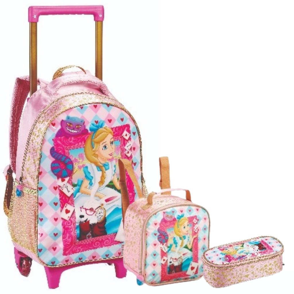 Mochila Infantil Feminina Rodinha Princesa com Lancheira e Estojo