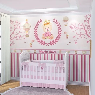Papel de Parede + Faixa Personalizada Embutida Tema Ursa Princesa Quarto de Bebê m²