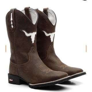 Bota Country Masculina Botinas Texana Cano Longo Couro Reforçado Bico Quadrado