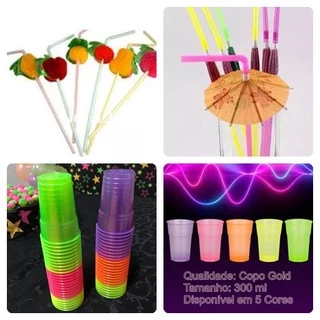 Kit 100 Copos Neon Descartáveis 300 ml e 100 Canudos de Drink Tropical