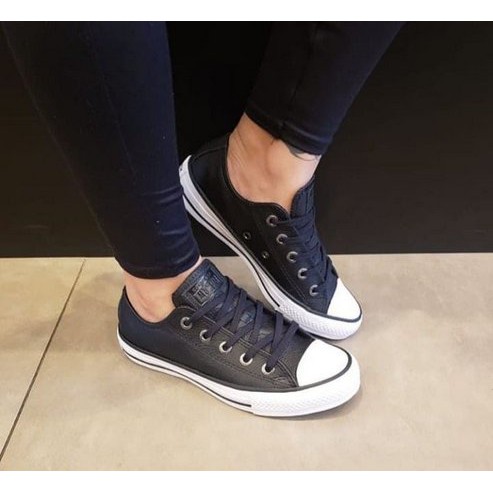 Converse All Star Baixo Preto Couro