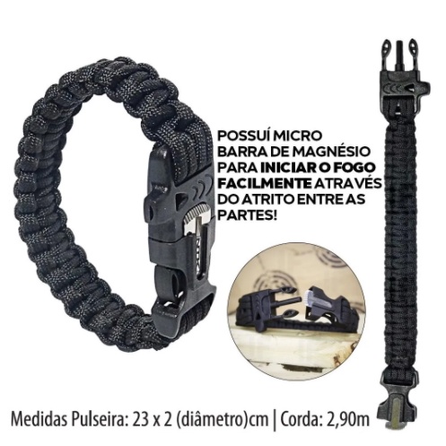 pulseira Paracord com Apito Pulseira Militar Tática 6 em 1