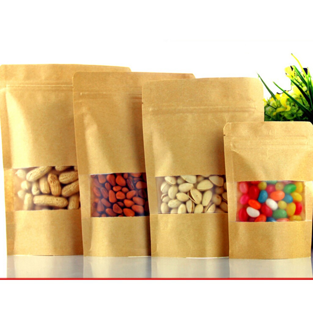 Saco Papel Stand Up Pouch zip 10x15 (110ml 50g) Kraft com Vi