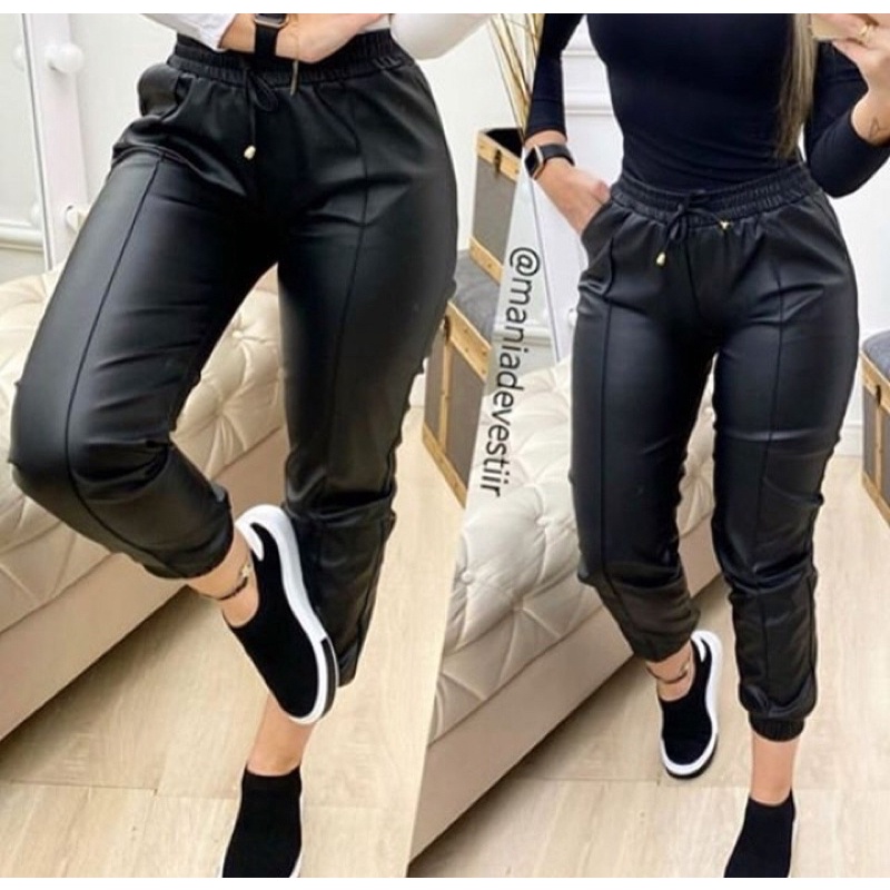 Calça Jogger Cirre Tipo Imitando Couro e Vinil