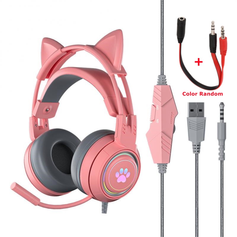 Rosa Azul Menina Gato Fones De Ouvido Com Microfone RGB Brilho Wired PC Gaming Headset Gamer Mic Para O Telefone PS4 PS5