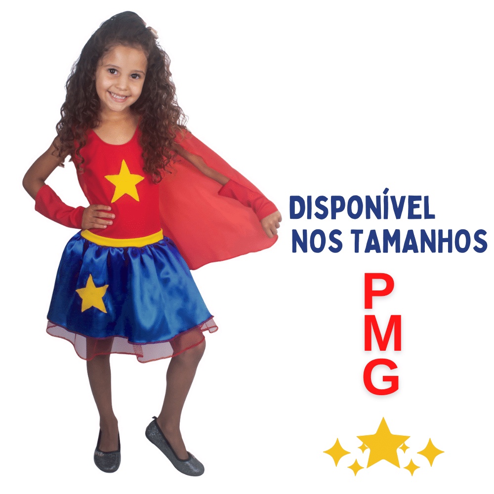 Fantasia Mulher Star Infantil Estilo Maravilha Vestido Capa