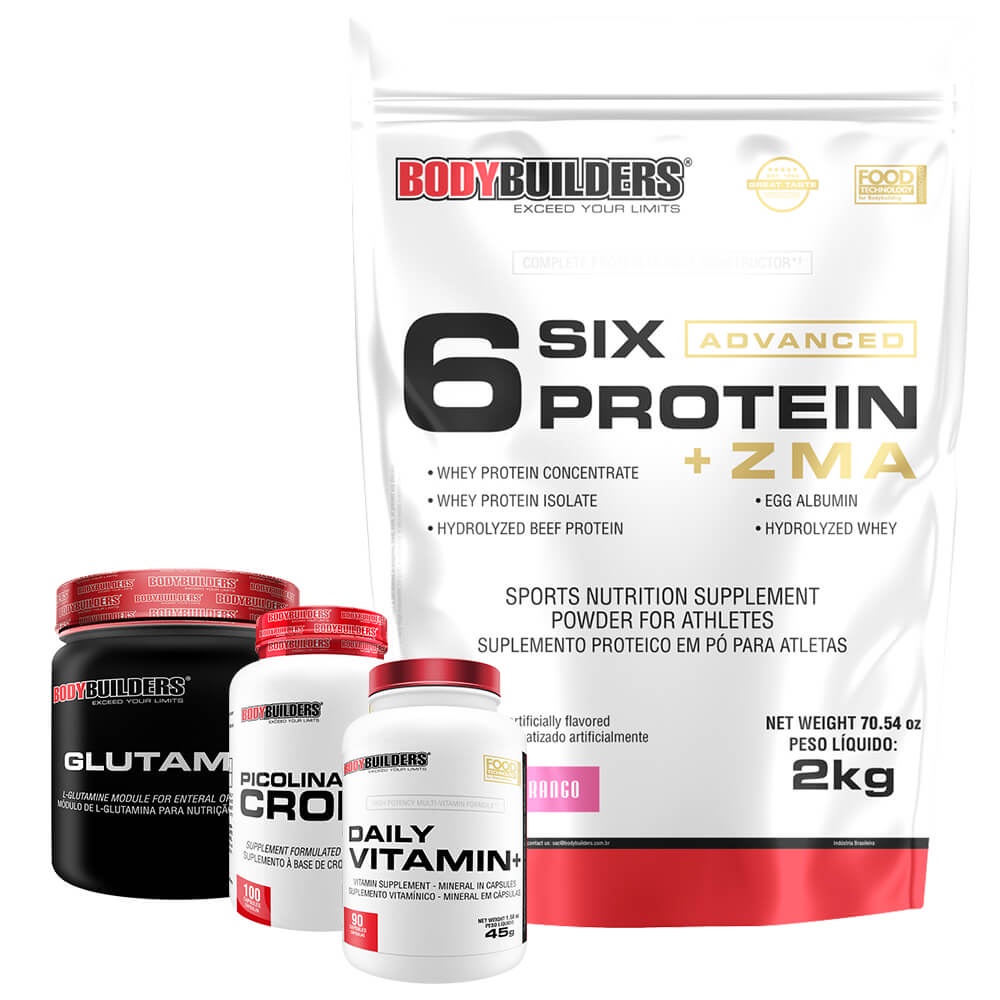 Kit Whey Protein Concentrado 6 Six Protein Advanced c/ ZMA 2kg + Picolinato de Cromo 100 Cápsulas + Multivitamínico Daily Vitamin+ 90 Cápsulas + Glutamina 100% 300g – Kit Para Ganho de Massa Magra e Definição – Bodybuilders