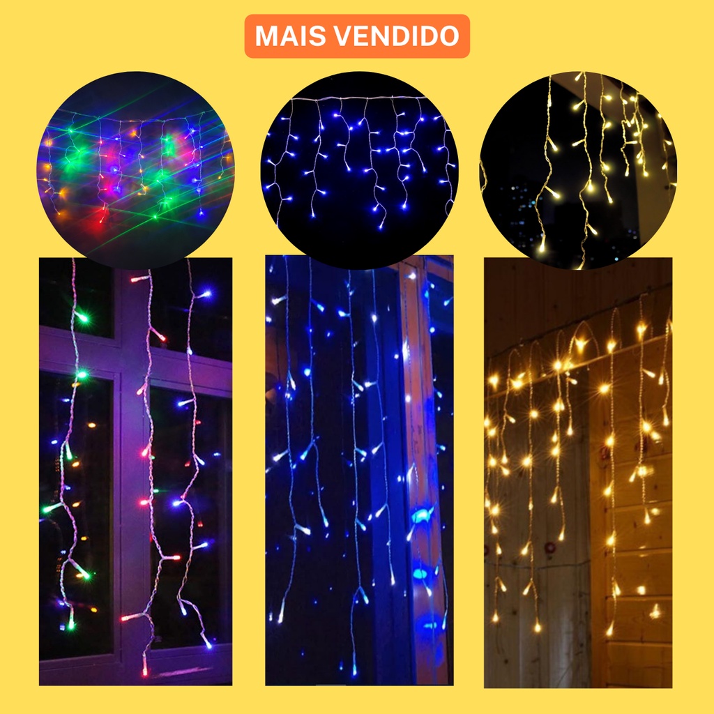 Cascata de natal enfeite pisca-pisca 100 leds branco azul colorido 2,5 ...