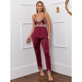 Pijama Feminino de Renda Sem Bojo Calça Sem Estampa Lisa Confortável