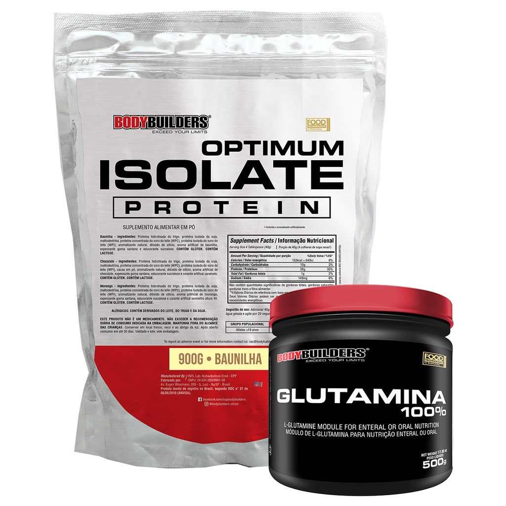 Kit Optimum Isolate Whey Protein 900g, Glutamina 500g- Bodybuilders