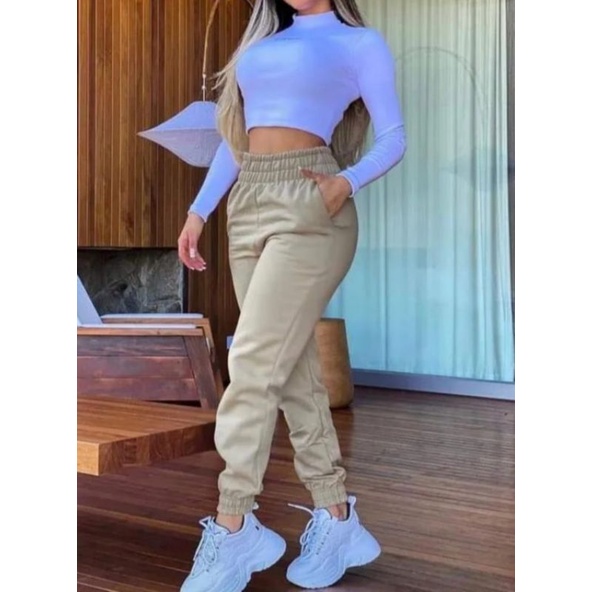 Calça moletom feminina jogger cós alto bolso moda instagram