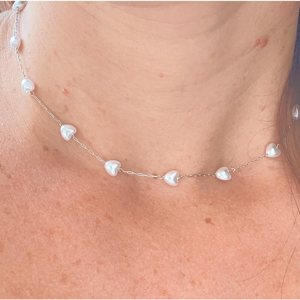 Choker Pérolas em Coração em Aço Inox Antialérgico
