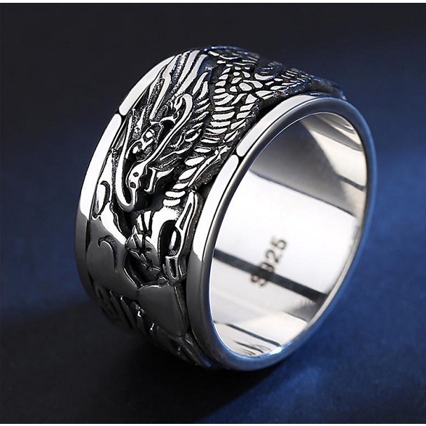 ❤Anel De Prata Esterlina 925 Para Homens Índice Auspicioso Dragão Rotativo Retro Dominador Largo Único Dedo Novo Estilo Cute Artesanato anel masculino homens acessórios de moda coreanos anel feminino de casal vintage 925 anéis anel de prata para mulheres