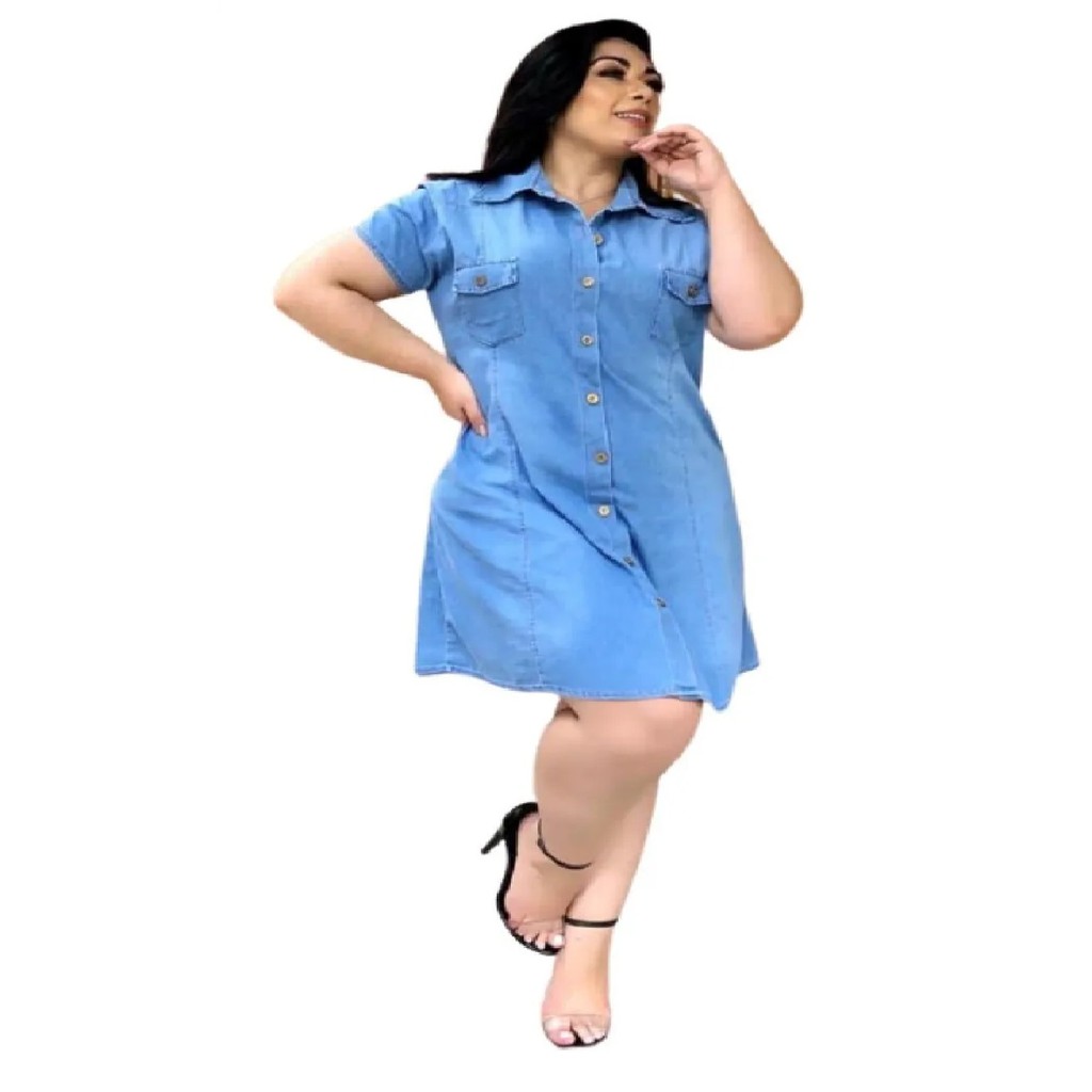 Vestido Jeans Plus Size Feminino Curto Com Bolsos Azul