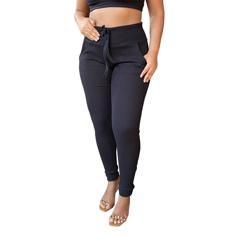 Calça feminina Jogger Cintura alta tipo moletom com elastano