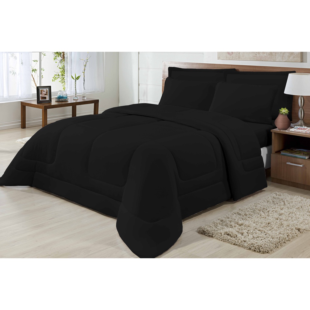 Edredom Dupla Face 100% Algodão Malha Casal Padrão 01 Peça Preto
