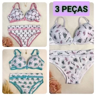 Kit 3 Conjunto Menina Moça Sutia com Bojo sem Arco Calçinha Confortavel Alça Regulavel Cores Sortidas Lingerie