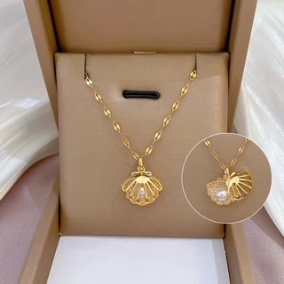 Colar de Aço Titânio Colar de Pérolas de Zircônio Micro-Incrustado com Diamante Completo Colar de Pérolas de Zircônio Oco com Concha Eletrolítica Caixa de Jóias