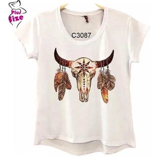 Blusa Feminina Cranio e Chifres Penas Simbolo Country C3087