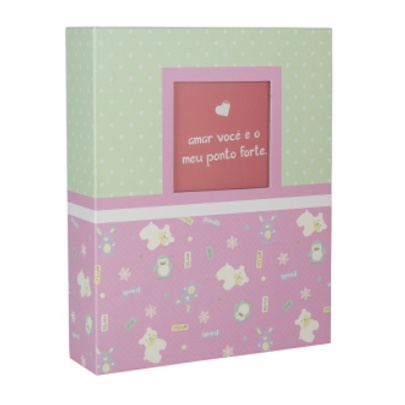 Álbum De Foto Bebê 200 Fotos 10x15 Com Diário Rosa e Verde.