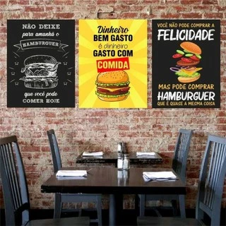Quadro Decorativo Kit 03 Peças 40x60 Hambúrguer Frases Para Lanchonete Bar Restaurante - Placas Sem Moldura