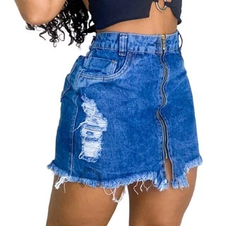 Saia Jeans Feminina Cintura Alta Destroyed Ziper