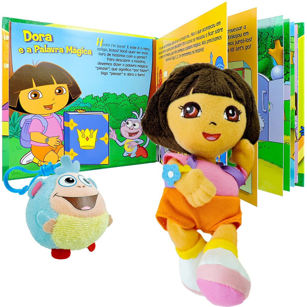 Boneca de Pelúcia Dora Aventureira + Macaco Botas + Livro Janelas