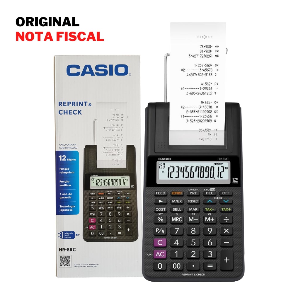 Calculadora De Bobina Casio HR-8RC Preta Impressão 2ª Via Fonte Bivolt ...