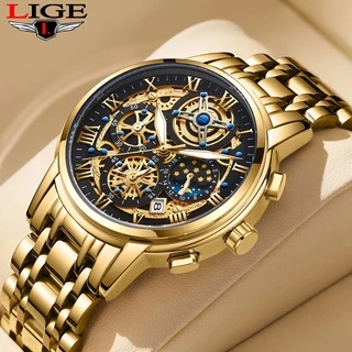 LIGE Relógio Masculino Marca Original Ouro Aço Inoxidável Impermeável Esportivo Quartzo + caixa de relógio