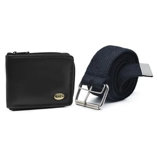 carteira masculina grande fecho ziper +cinto lona kit presente promoção
