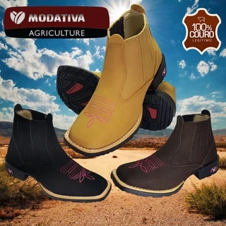 Botina Country Feminina Bota Texana Couro Nobuck Legitimo Cano Médio Western Vaquejada Montaria Marrom Amarela e Preta