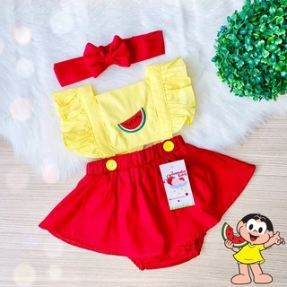Jardineira Romper Body Melancia + Faixa de Cabelo