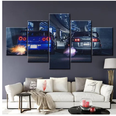 Quadro Decorativo Mosaico 5 Peças Gtr R34 Vs Supra n.a parede = 839