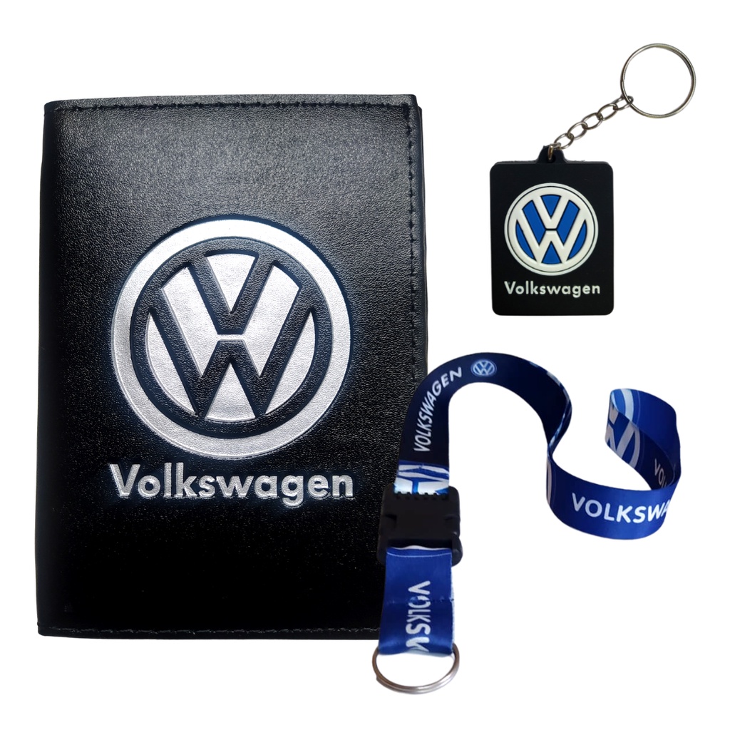 Kit Carteira Volkswagen + Cordão Pescoço Moto Fecho Engate Rápido Volkswagen + Chaveiro Emborrachado Logo Volkswagen
