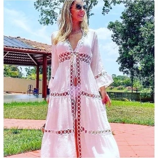Saida de praia feminina puro simples quimono vestido longa banho mulher 00