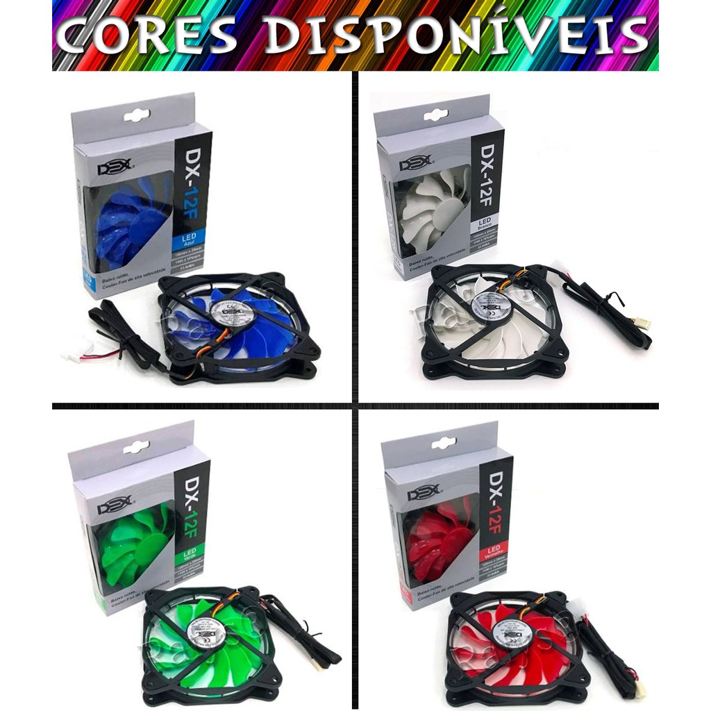Cooler Fan Led 120x120x25 Ventoinha para Gabinete PC Desktop Computador 12cm 120mm Dex DX12F Branco, Azul,Verde e Vermelho