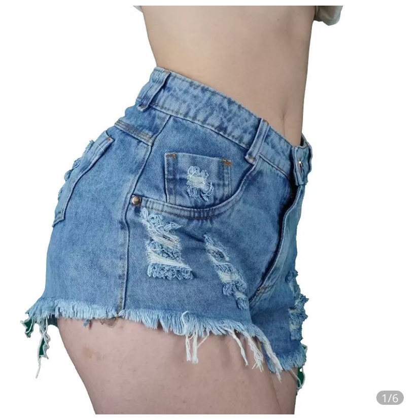 Short Feminino Jeans Com Licra Cintura Alta Desfiado Curto Azul