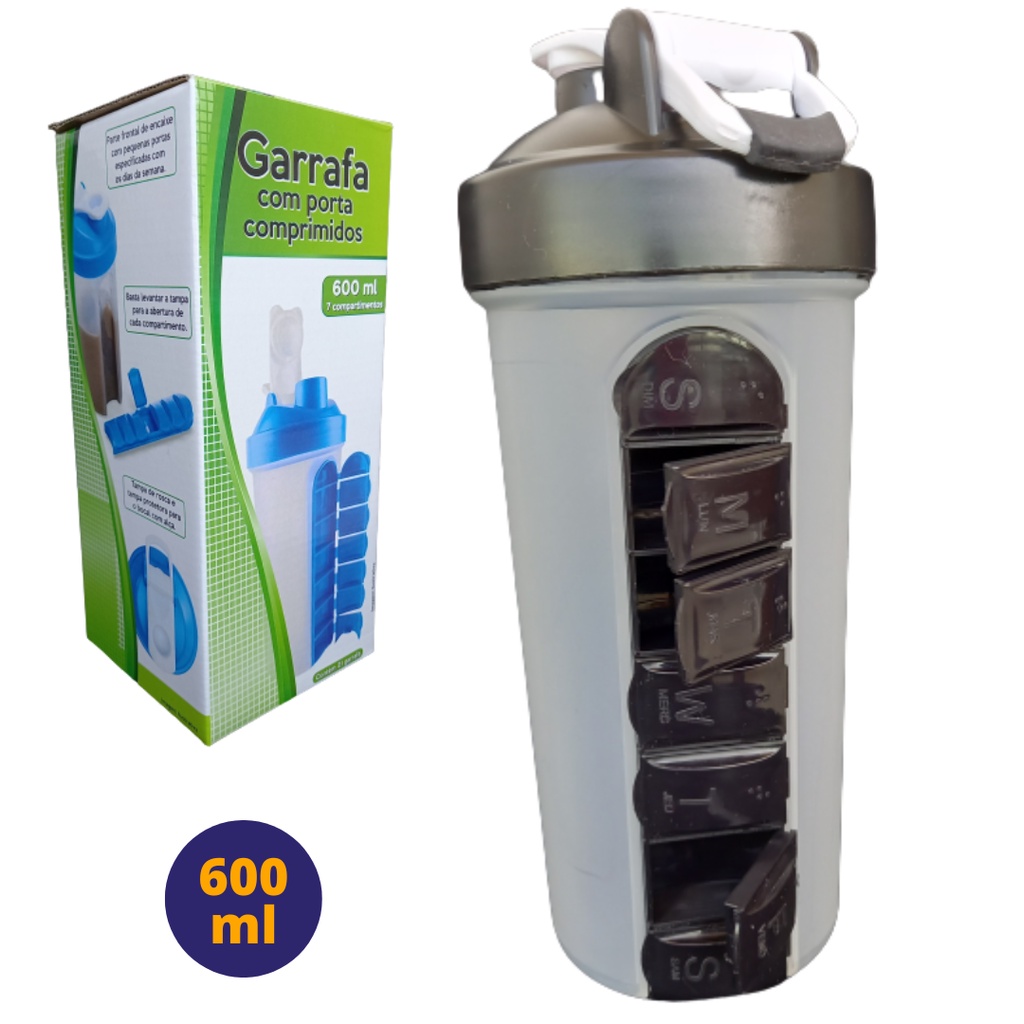 Garrafa Shakeira com Porta Comprimidos - 600 ml - PRETA | Shopee Brasil