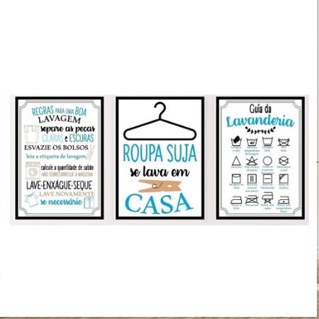 Kit Placas Decorativas 3 peças Roupa Suja Lava em Casa Lavanderia