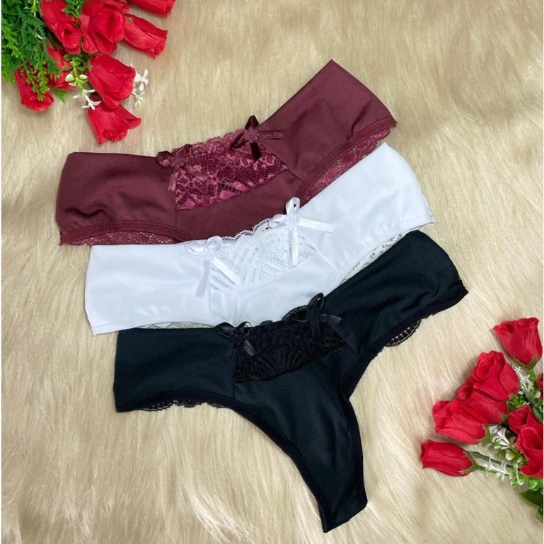 Kit 3 Calcinha Feminina Tanga Com Renda Fio Confortável Modeladora - Shein  Brasil