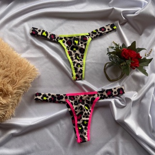 Kit 2 Calcinha fio duplo Tanga estampada Onça Neon colorida