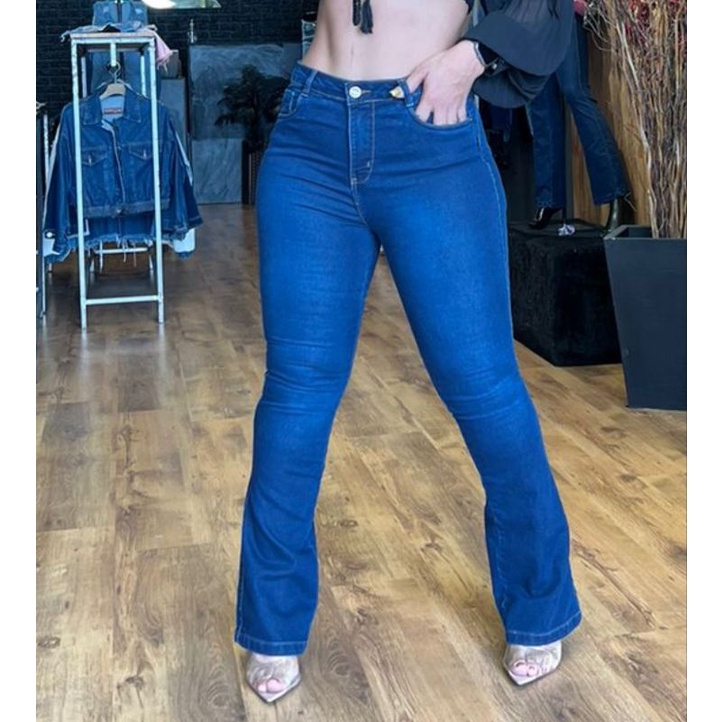 Calça Flare Feminina Jeans Com Licra Cintura Alta Preta Lisa 28
