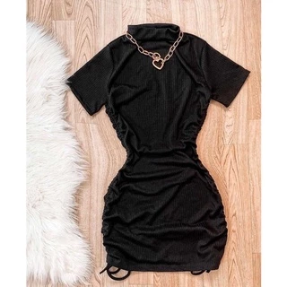 Vestido Com Manguinha Franzido Drapeado Lateral com Amarras Canelado Midi Tendência Modinha Blogueira Gringa