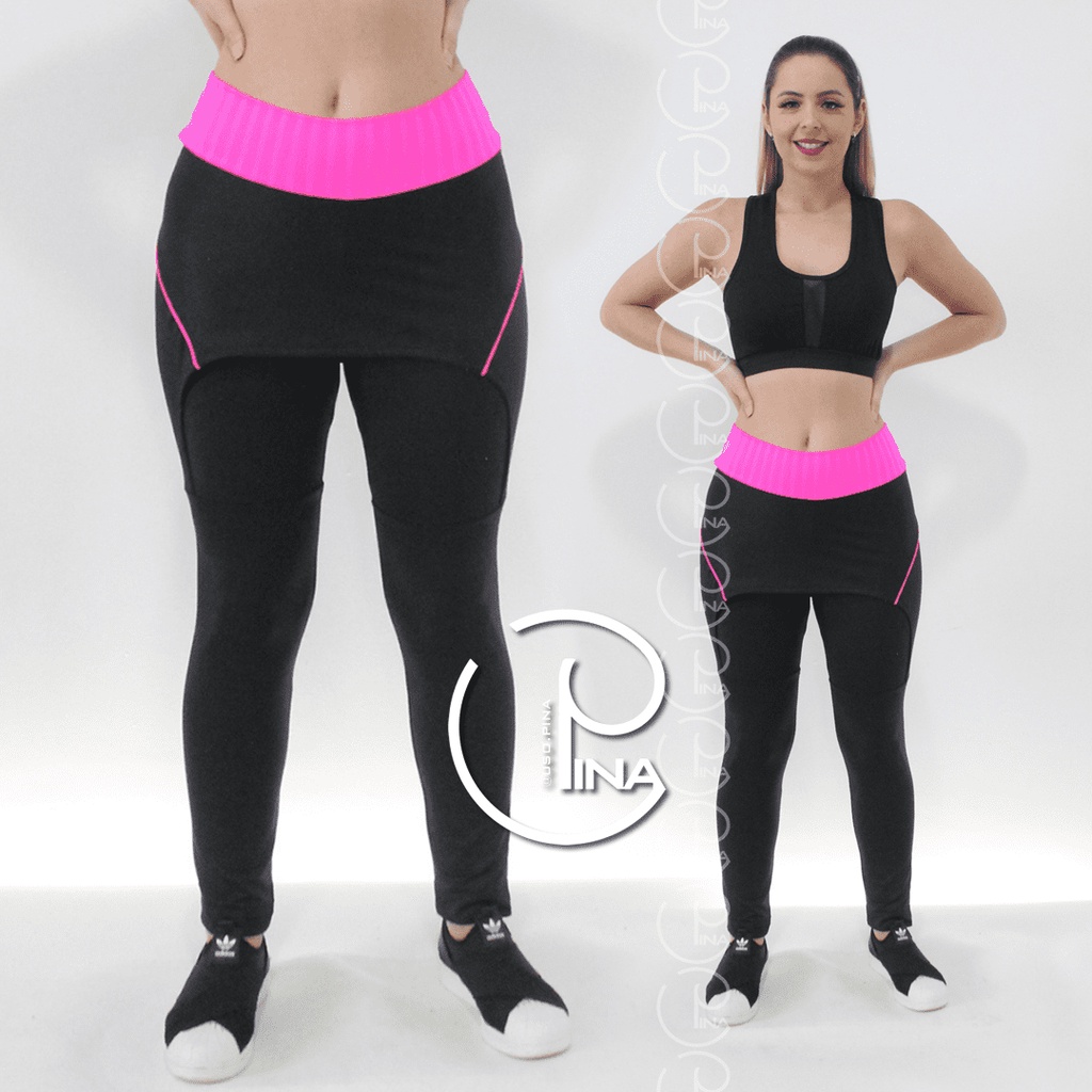 CALÇA LEGGING LISA TAPA BUMBUM COM SAIA EMBUTIDA CINTURA ALTA