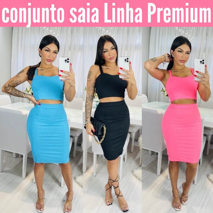 Conjunto Feminino Malha Canelada Conjunto Saia Midi Cropped Feminino  Alcinha Roupas Femininas