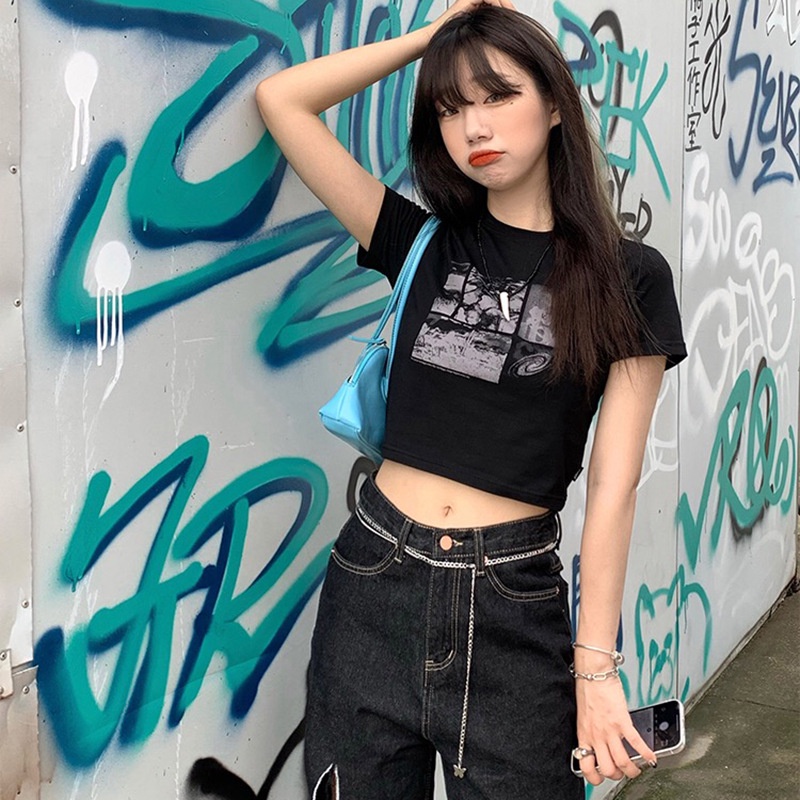 Harajuku Grunge Do Vintage Gráfico Fino Top Curto Colheita Harajuku Grunge Do Vintage Gráfico Fino Top Curto Colheita