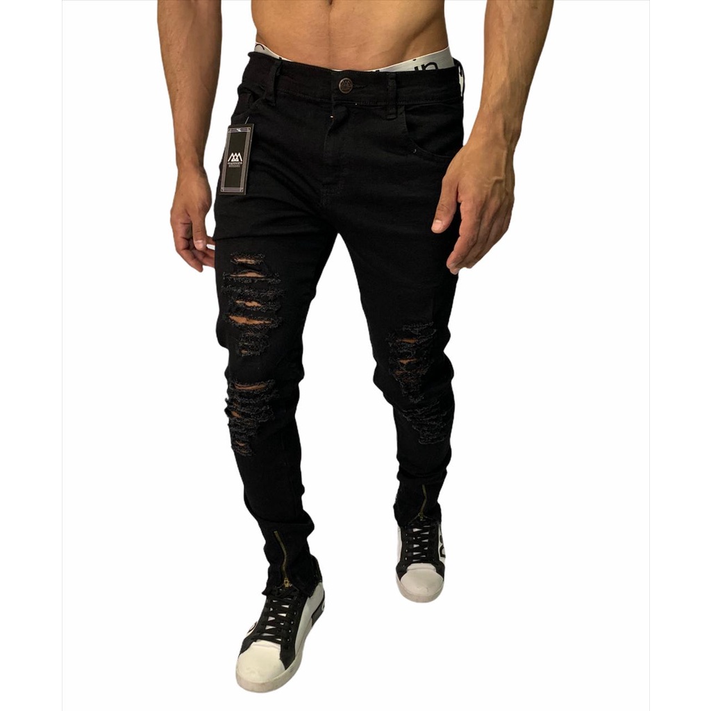 Calça preta store masculina slim rasgada