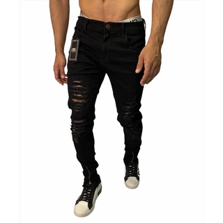 Calça preta Masculina jeans Destroyed Skinny Laycra Ziper na Barra Jeans  barata em promoção slim rasgada com estilosa na moda